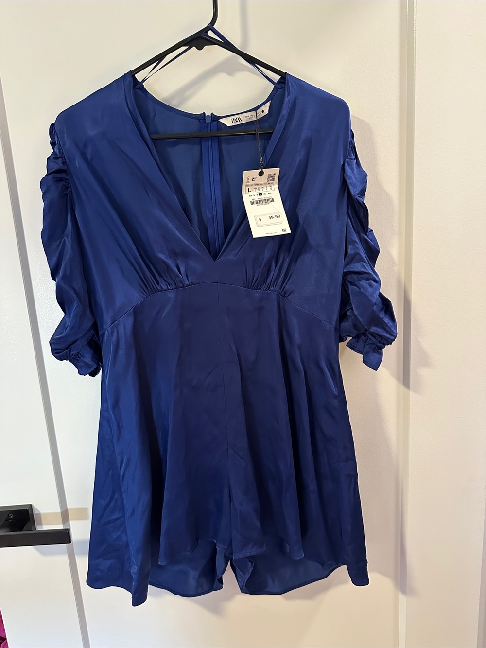 Zara Royal Blue V-Neck Satin Romper with Gathered Short Sleeves